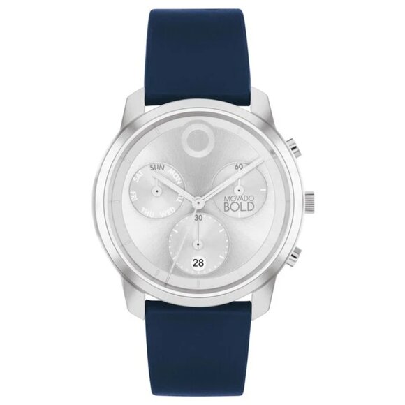 MOVADO BOLD 3601030 TREND SILVER CHRONOGRAPH DIAL BLUE LEATHER STRAP MENS WATCH